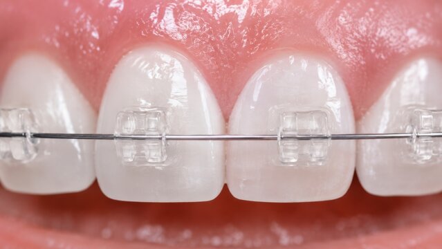 Clear ceramic braces on white teeth with archwire
