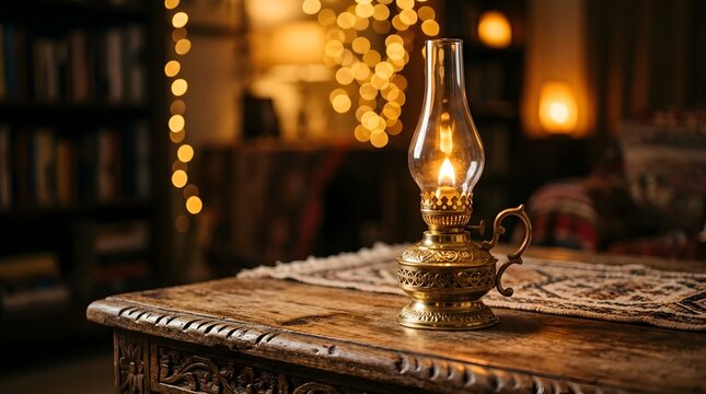 Glowing oil lamp on a wooden table. Vintage kerosene lantern with warm bokeh background.