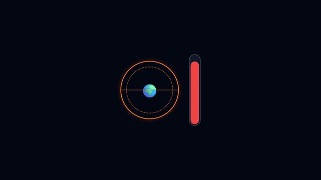 Abstract Digital Animation of a Glowing Planet with a Rising Temperature Gauge.