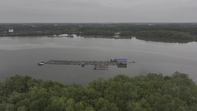 view of oyster farming rafts on the river in Long Son, near Ho Chi Minh City, Vietnam.