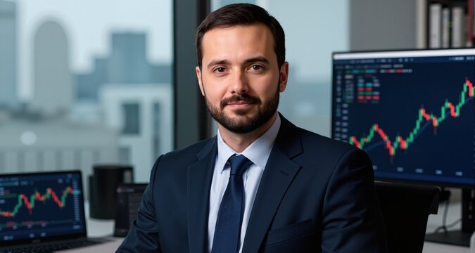 business man crypto broker, financial investor, trader or expert adviser at work, portrait
