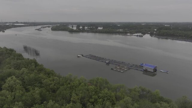 view of oyster farming rafts on the river in Long Son, near Ho Chi Minh City, Vietnam.