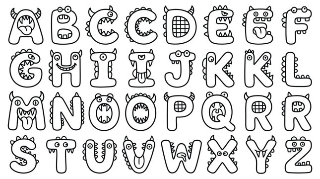 Cute monster alphabet set cartoon letters from A to Z vector font for children coloring book