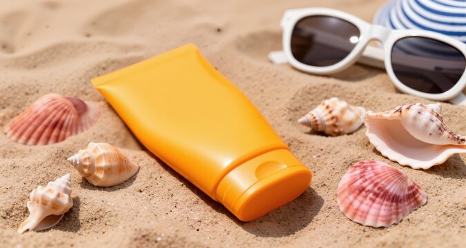 Composition with bottle of sunscreen cream, seashells and beach accessories on sand as background, closeup
