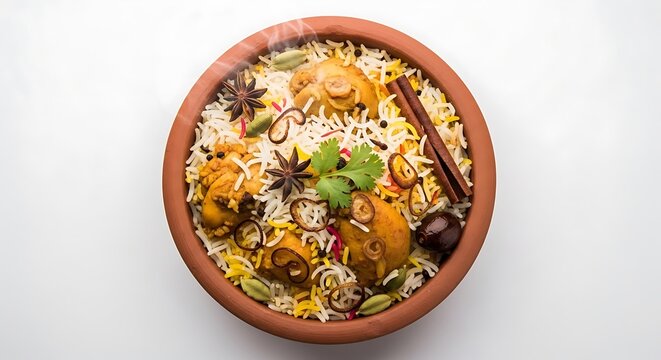 Spicy Chicken Biryani Delight: A tantalizing overhead view of a traditional chicken biryani served in a rustic clay pot, adorned with aromatic spices like star anise, cinnamon, and cardamom.