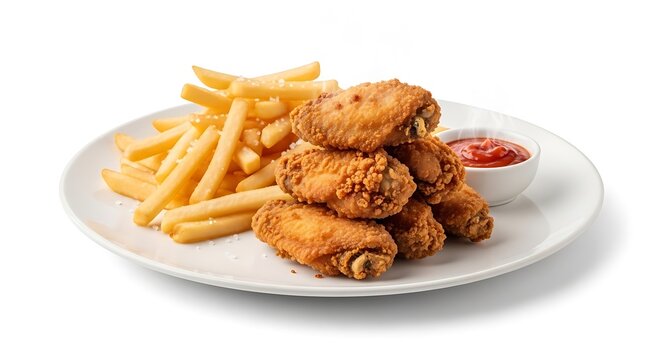 Crispy Chicken Wings with Fries: A plate of golden-brown, crispy chicken wings served with a generous portion of french fries and a side of ketchup, a classic and satisfying meal.