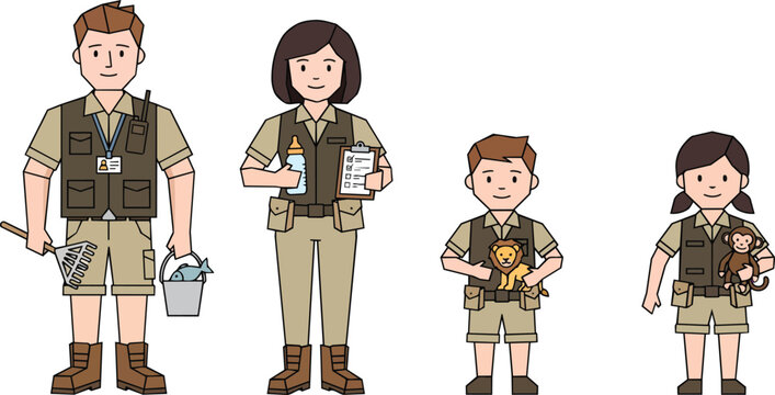 papercraft design of adult men and women, boys, girls, or families wearing zoo keepers   costumes