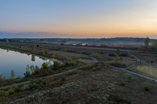 Scenic aerial landscape view with Crandell lake and winding path