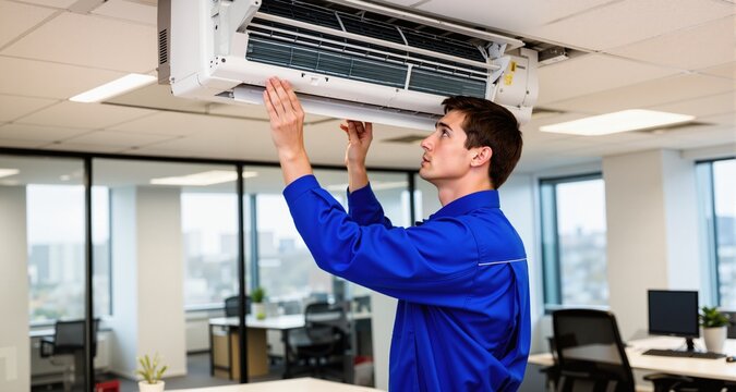 Hvac technician installing air conditioning system in office

