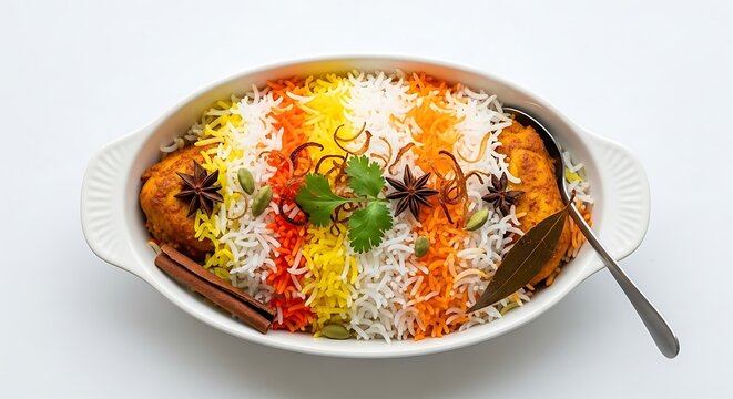 Authentic Indian Biryani: A delectable Indian biryani dish presented in a white ceramic oval bowl, garnished with fried onions, star anise, bay leaf, and fresh cilantro.