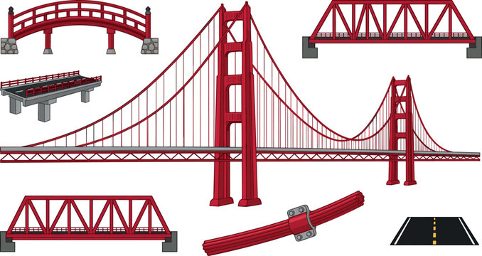 Bridge Vector Collection with Suspension Bridge, Truss Bridge, Arch Bridge, Road Sections and Structural Engineering Infrastructure Illustration Set