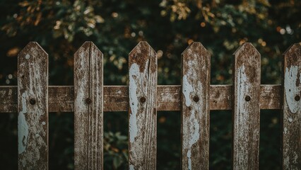 Fototapeta premium Weathered wooden fence with peeling paint and a blurred greenery background.