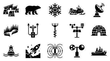 Obraz premium Industrial Arctic and Scientific Research Icons Black and White Collection of Polar Equipment Wildlife and Instruments