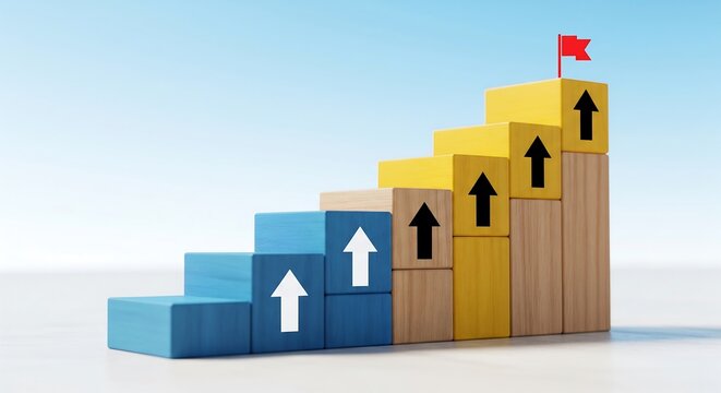 Staircase of wooden blocks with arrows and red flag on top