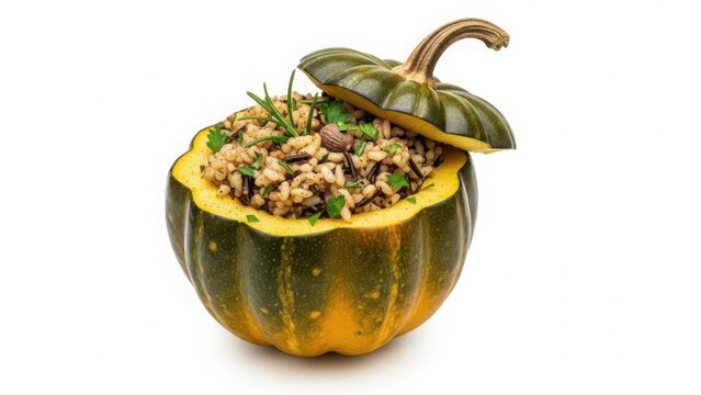 Stuffed pumpkin with grain and nut mix isolated on white background
