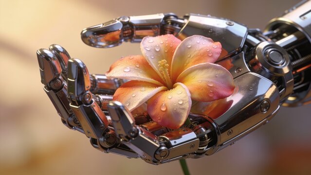 A powerful robot hand cradles a delicate flower with extreme gentleness &mdash; the strength of technology in service of fragile life. Ideal for AI, tech brands, sustainability, and concept editorial.
