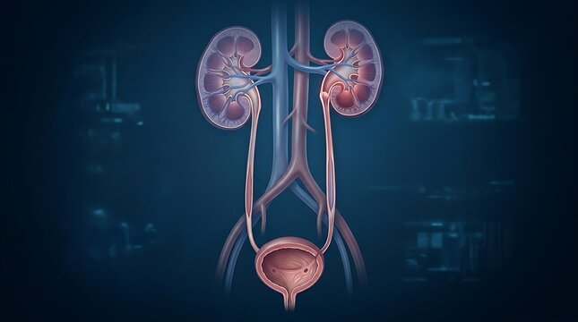 Human urinary system anatomy showing kidneys ureters and bladder