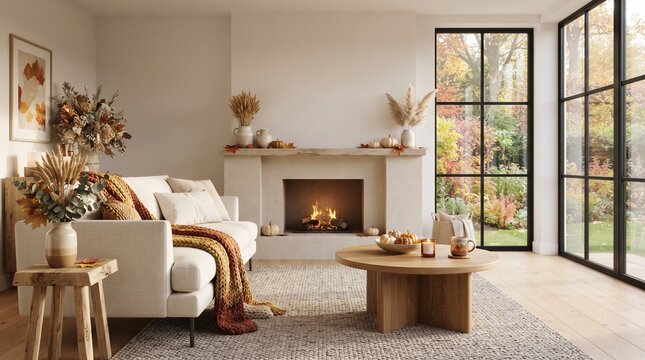 Cozy living room interior with fireplace and autumn decor warm neutral tones