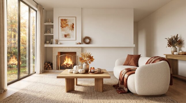 Cozy living room interior with fireplace and autumn view through large windows