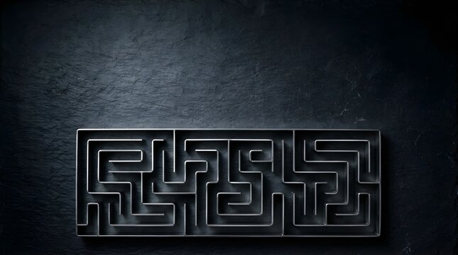 Metal maze structure placed on a dark stone background for creative concepts