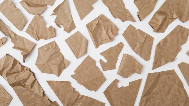 Various torn pieces of brown paper scattered on a white background.