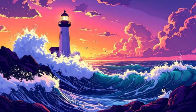 Sunset over dramatic ocean waves with lighthouse silhouette.