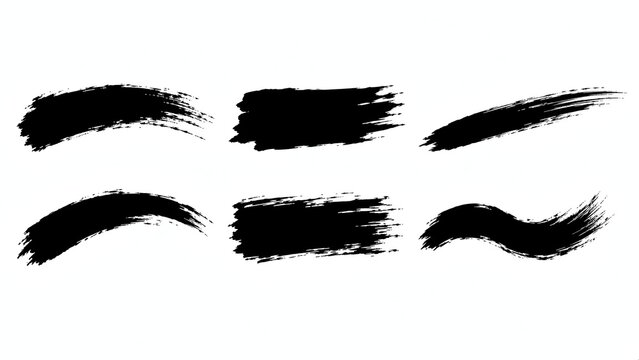 A set of six black brush stroke graphics on a white background, each with a unique texture and shape