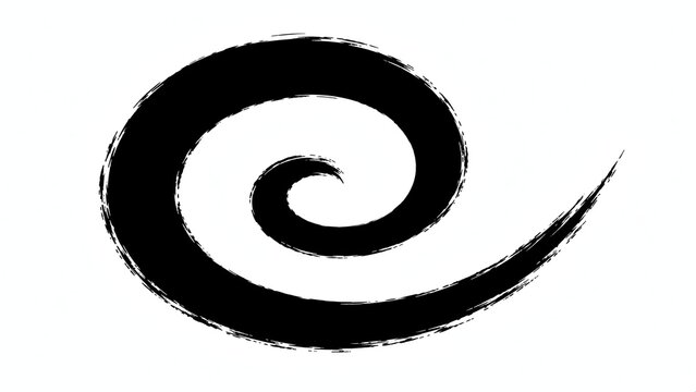 A black swirling spiral brush stroke on a white background, resembling a stylized vortex or a calligraphy design
