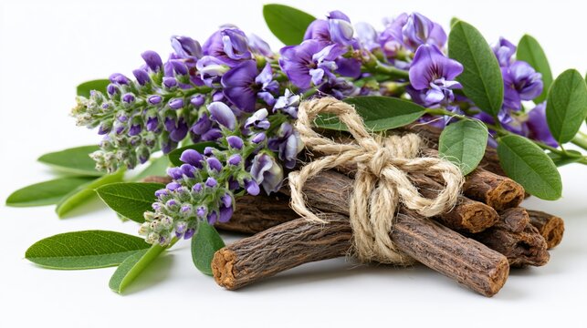 Bundled roots and flowering sprigs are arranged together.