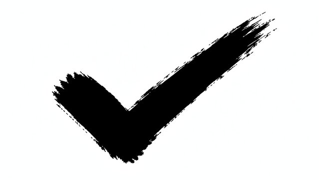 A bold black check mark painted with a brushstroke on a white background