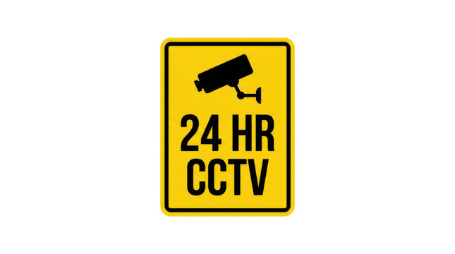 24 hour CCTV security sign. Yellow surveillance warning notice for monitoring area.