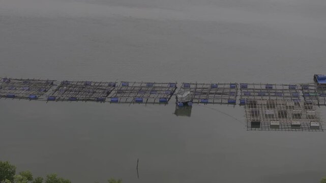 Aerial drone view of oyster farming rafts on the river in Long Son, near Ho Chi Minh City, Vietnam.