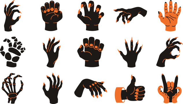 Collection of scary monster hands and creepy claws for haloween party decorations and spooky graphic design projects