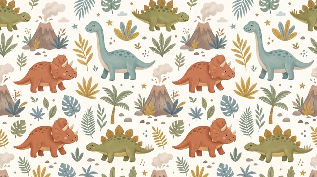 Dinosaur seamless pattern for nursery. Cute prehistoric reptile wallpaper for kids room.