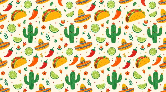 Mexican food seamless pattern with tacos and chili. Traditional cuisine background design.