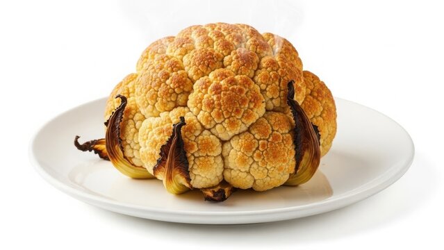 Roasted cauliflower on a plate isolated on white background