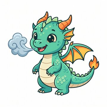 Cute Green Dragon Cartoon Character Vector Illustration for Fantasy Animal Mascot Design, Adorable Baby Dino Reptile Monster with Smile and Fun Nature Inspired Art Drawing