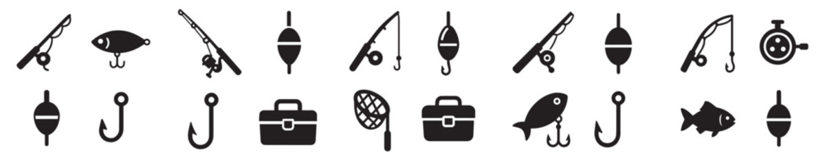 Set of Fishing Icons Including Rods, Hooks, and Fish Silhouettes © rizkyan