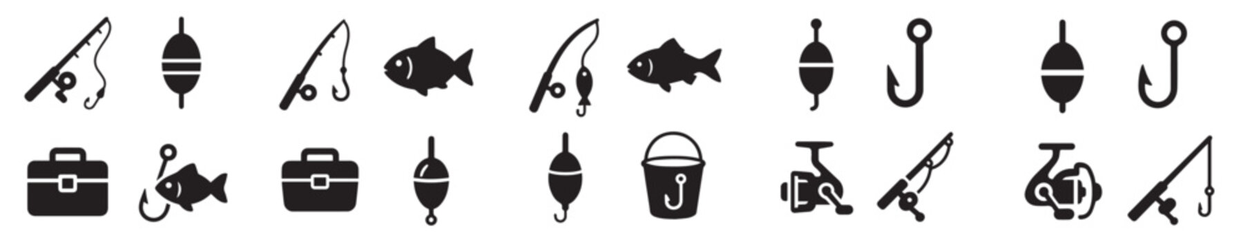 Set of fishing icons including rods, hooks, and fish silhouettes