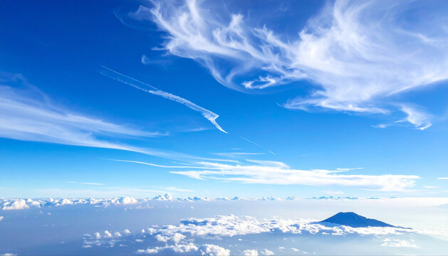 山並みと青空へと続く一本道と沿道に咲く鮮やかな紫のアサガオ