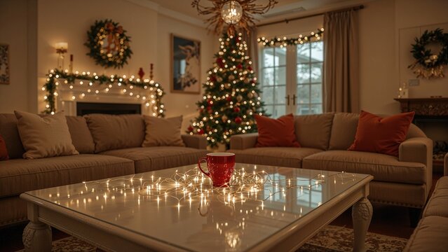 Festive living room with Christmas tree, decorated with lights, wreaths, and cozy sofas, creating a warm holiday atmosphere.