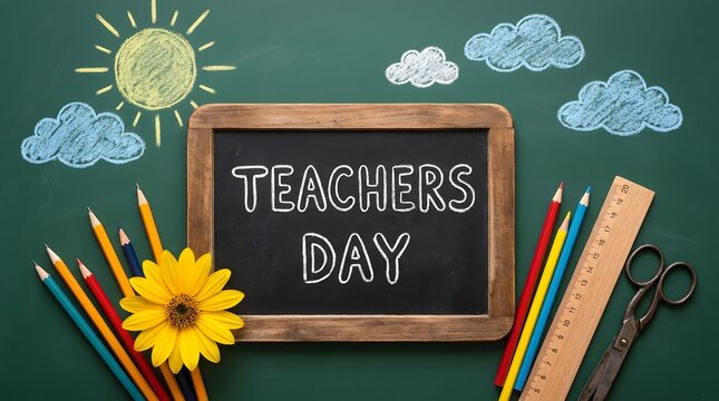 Chalkboard with teachers day text surrounded by colorful school supplies on a green classroom background