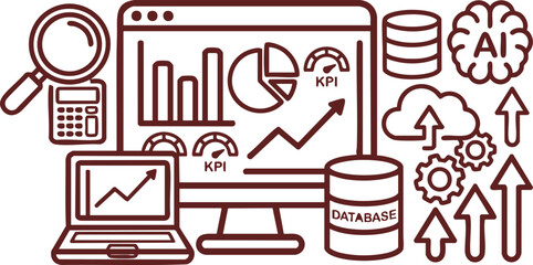 Fototapeta premium Data analytics vector illustration showing business performance metrics and technology icons