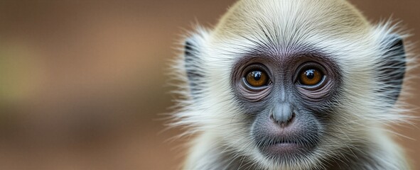 Young primate with light fur gazes intently. Its large, expressive eyes and delicate features convey innocence and vulnerability. Closeup of a wild animal. © Pete
