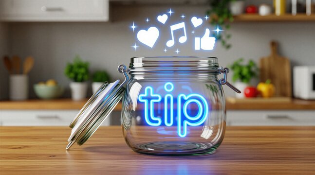 Glass jar sits on wooden kitchen counter with glowing blue tip sign inside. Floating digital icons like hearts, music notes emerge above container. Modern device concept for online charity donation