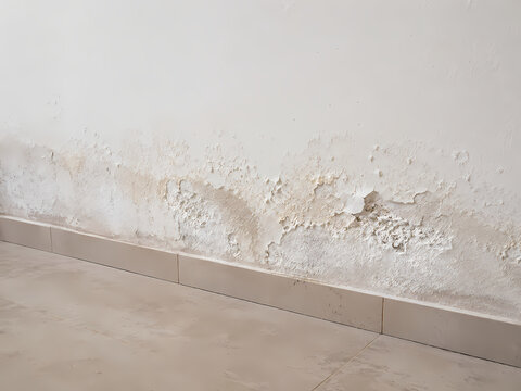 Rising Damp with Efflorescence and Peeling Plaster on Interior Wall