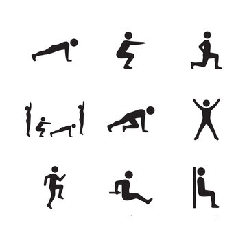 Collection of fitness exercises illustrated in simple black silhouettes on white background