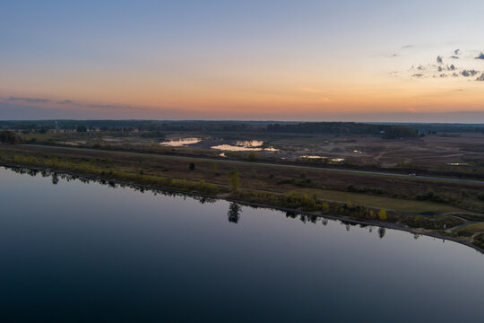 Aerial view tranquil Crandell lake reflecting twilight sky