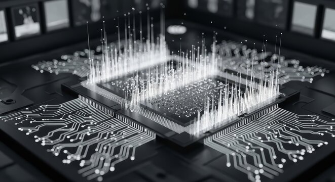Abstract visualization of a quantum computer core with glowing data streams and intricate circuitry