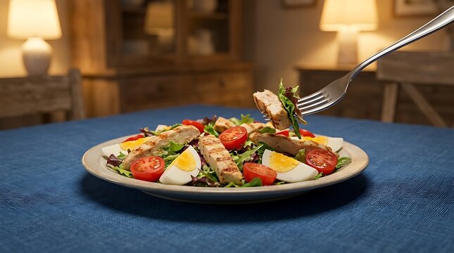 Grilled chicken salad with boiled eggs and cherry tomatoes, fresh healthy meal on blue tablecloth, nutritious protein salad for dinner
